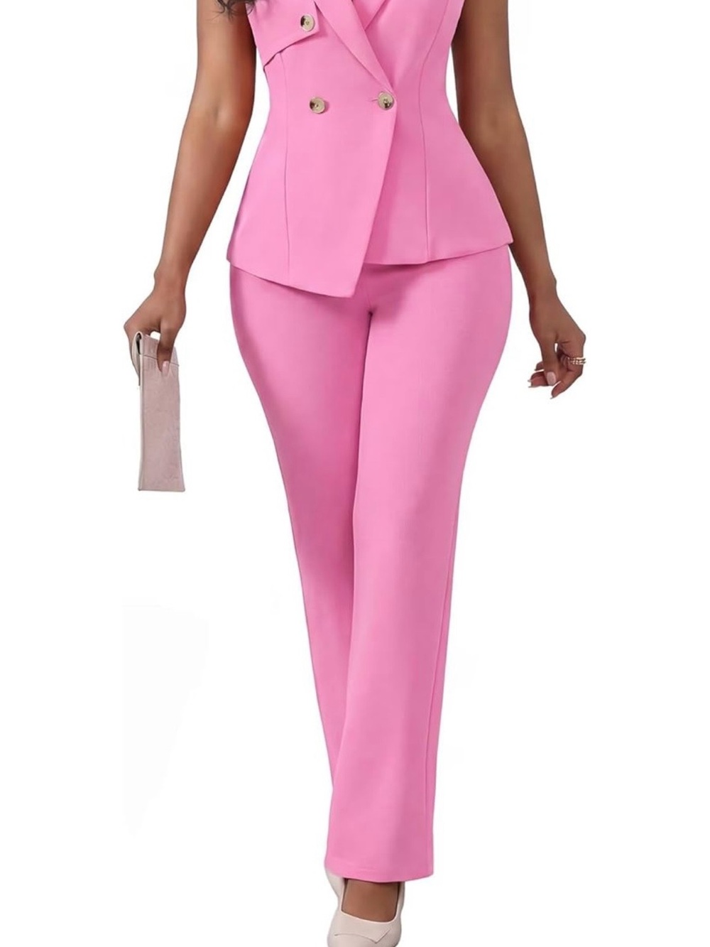 Women's Pink Tailored High-Waist Straight-Leg Jumpsuit Pants - Picture 4 of 4